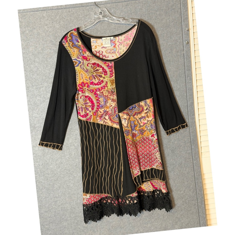 Parsley & Sage Whimsy Dress Medium Black Paisley Patchwork Lace Trim Boho Artsy